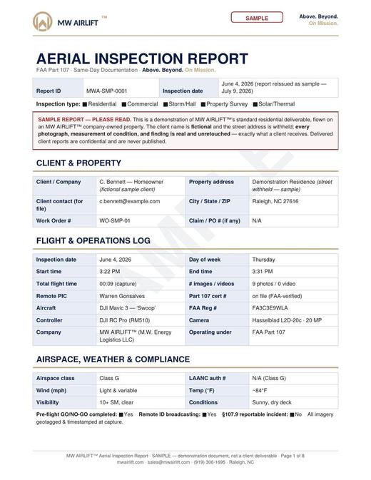 Sample roof and building documentation report — cover page