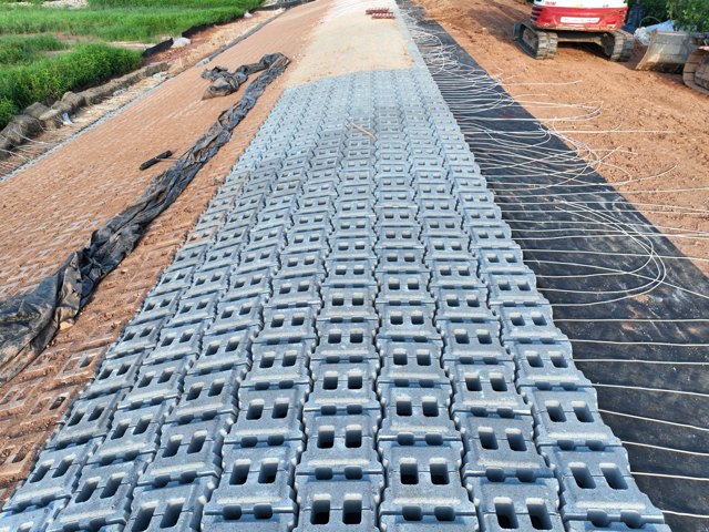 Geogrid and base from directly overhead, before cover