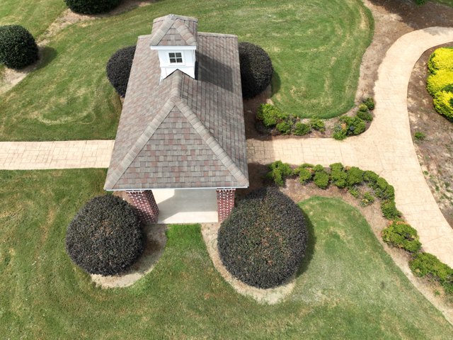 Pavilion from directly overhead &mdash; roof, walkway and beds for the reserve file